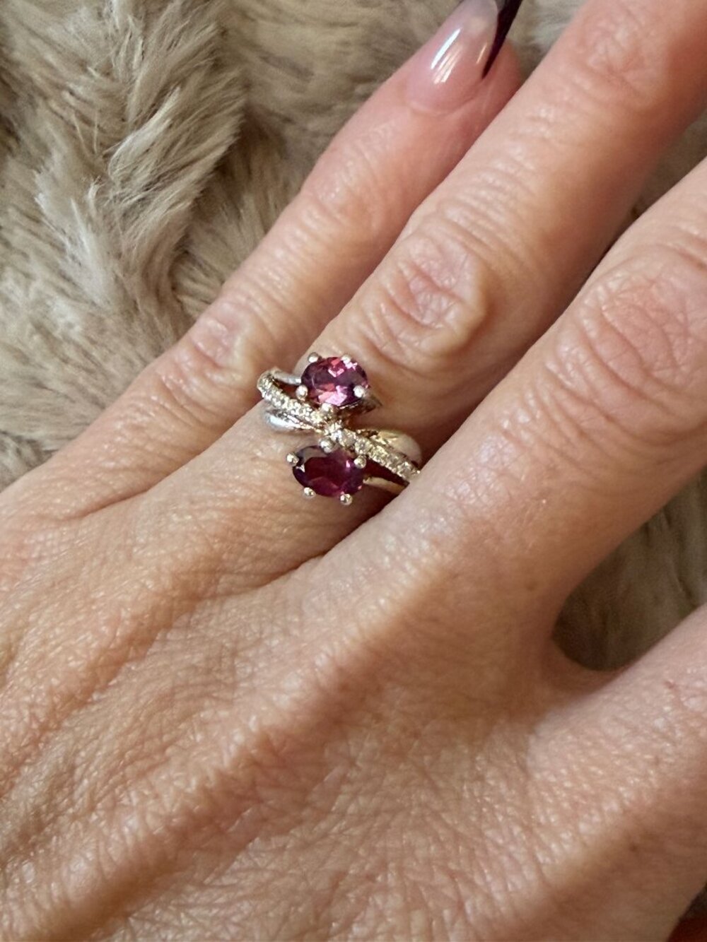 Malaya Garnet Ring | Sterling Silver 925 | Size 5 | Bypass Two Stone w/CZs | New